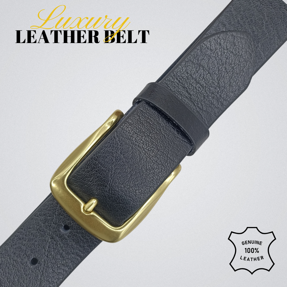Full Grain Soft Black Leather Belt with Brass Buckle