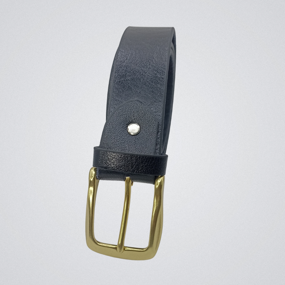 Full Grain Soft Black Leather Belt with Brass Buckle