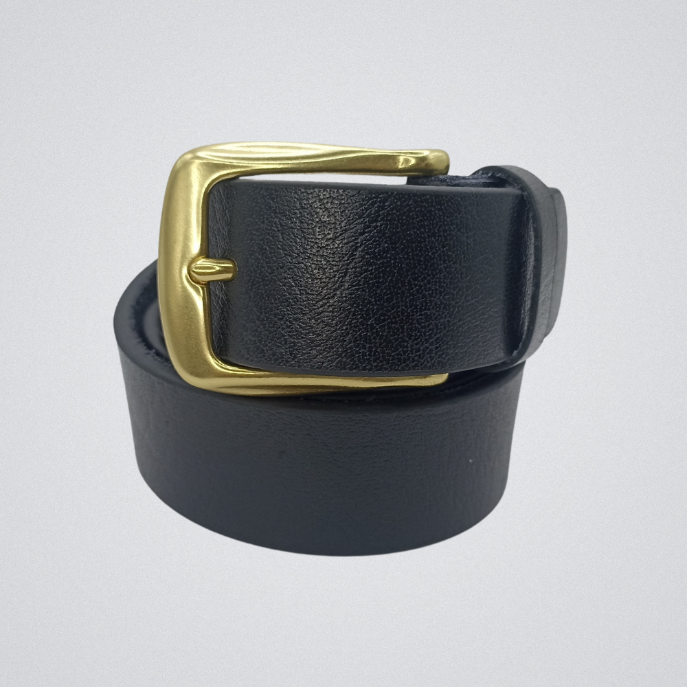 Full Grain Soft Black Leather Belt with Brass Buckle