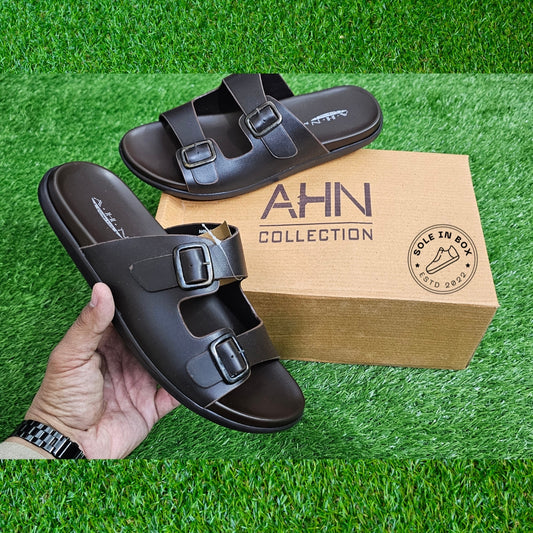 AHN Collection Brown Double Buckle Imported Slipper