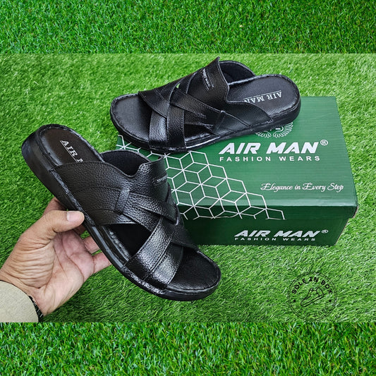 AirMan Fashion Black Leather Comfort Slipper