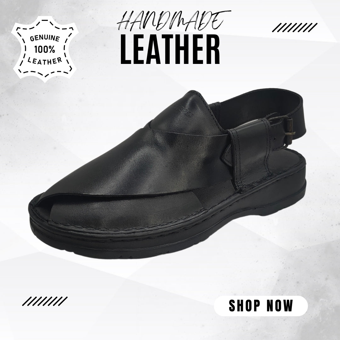 Maker Handmade Pure Leather Black Peshawari Chappal