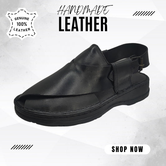 Maker Handmade Pure Leather Black Peshawari Chappal
