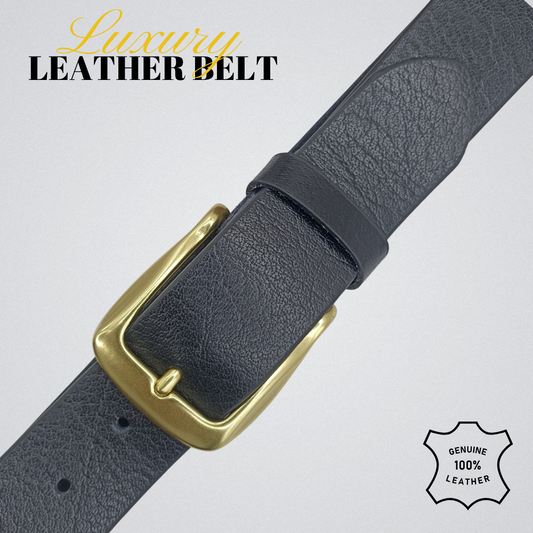 Full Grain Soft Black Leather Belt with Brass Buckle