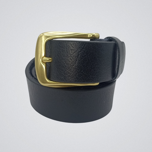 Full Grain Soft Black Leather Belt with Brass Buckle