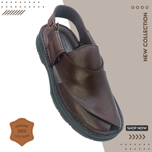 Maker Handmade Pure Leather Brown Peshawari Chappal